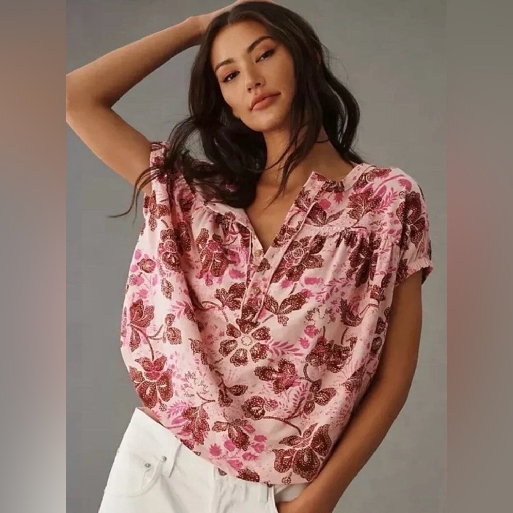 Anthropologie Pink Floral V-Neck Blouse